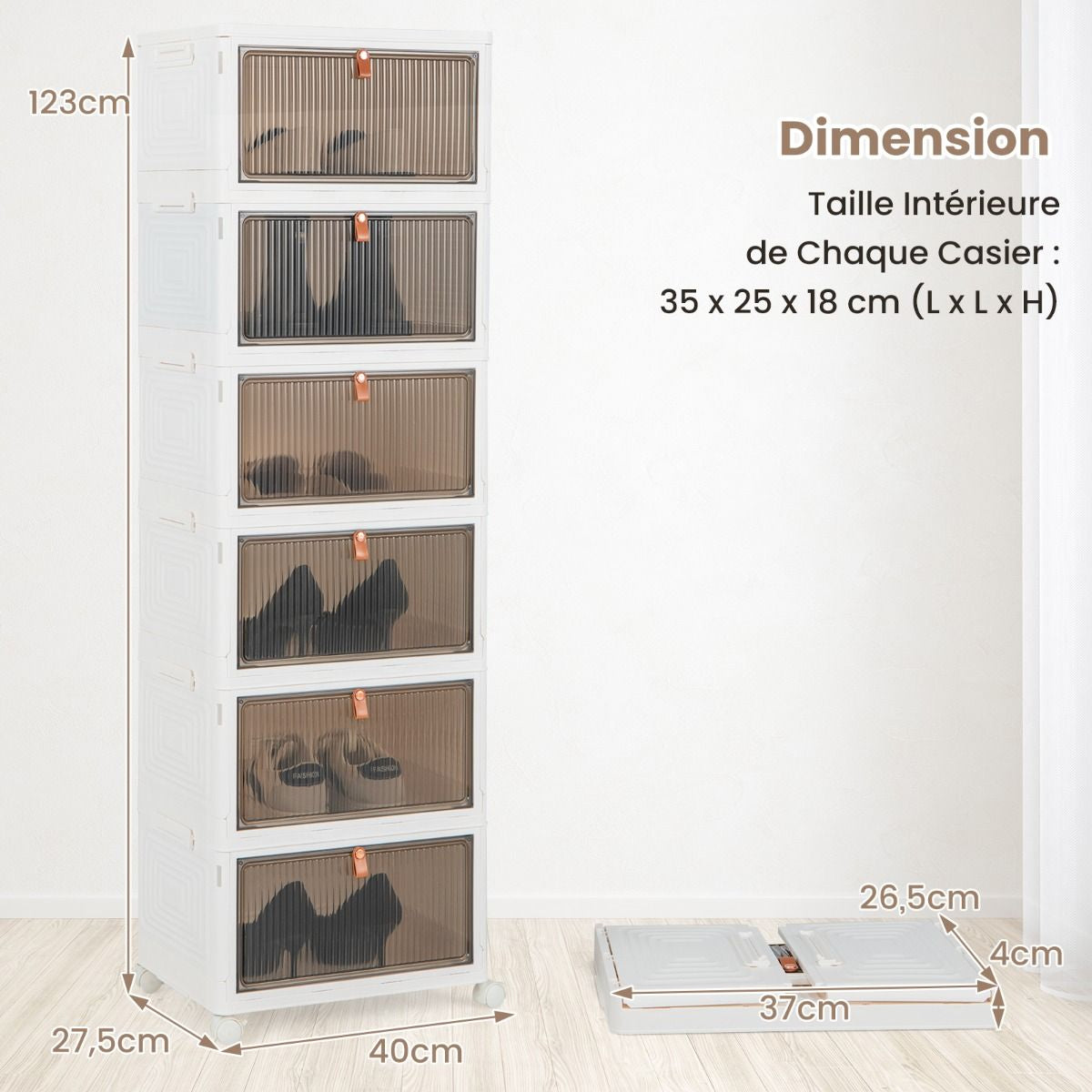Boîte De Rangement De Chaussures Pliable 6 Niveaux Portes Transparentes Magnétiques Roues Universelles Verrouillables Pour Baskets Jouets Blanc
