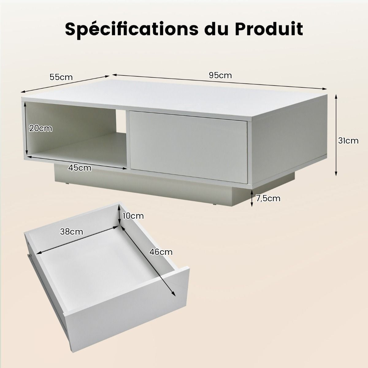 Table Basse Contemporain Avec Lumières LED 20 Couleurs 95X55X31 CM Table De Salon Avec Grand Tiroir Et Compartiment Blanc/Noir