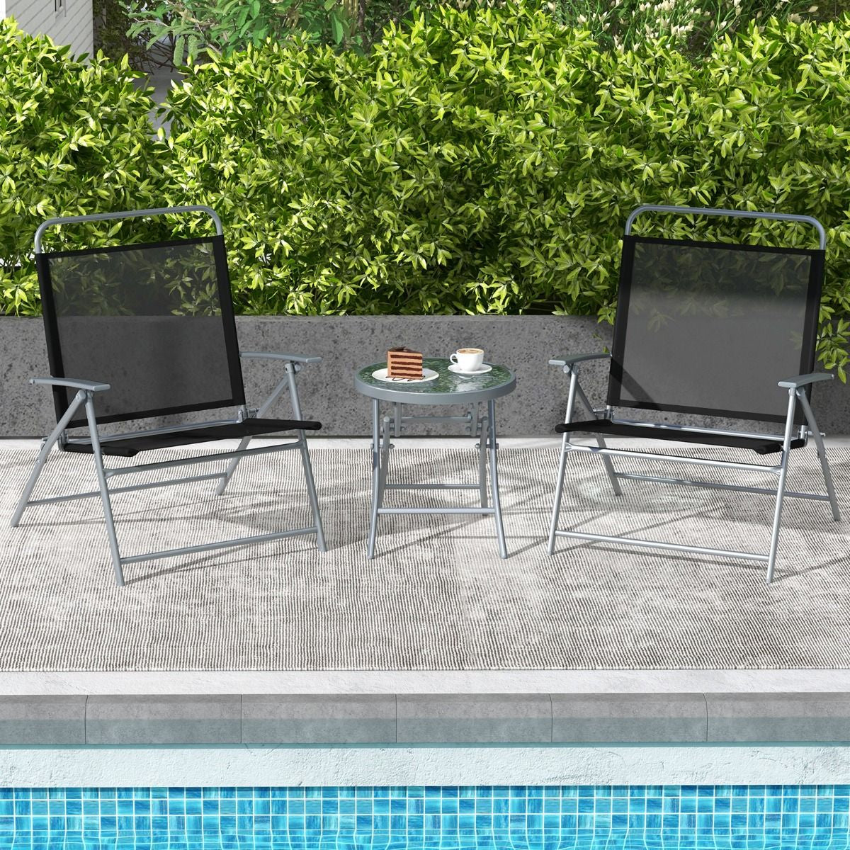 Salon De Jardin 3 Pièces Pour Patio Cadre Métallique Avec Table Basse En Verre Trempé Ensemble De Chaises Et Table Pliantes Portables Noir