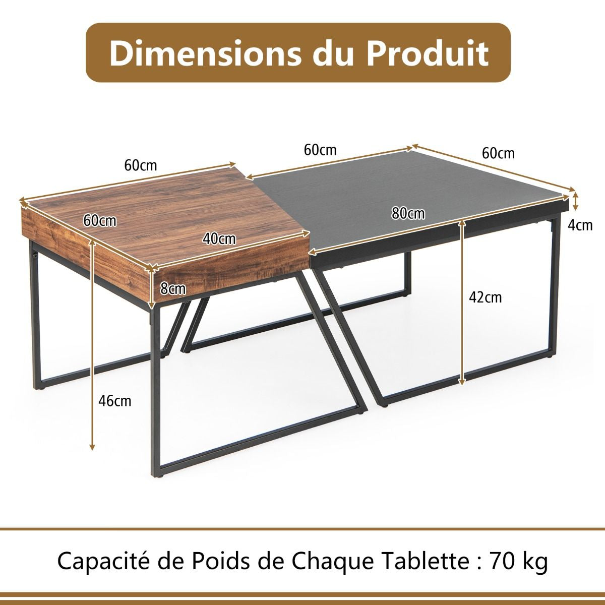 Lot De 2 Tables Basses Gigognes Avec Cadre Métal - 2 Combinaison disponible