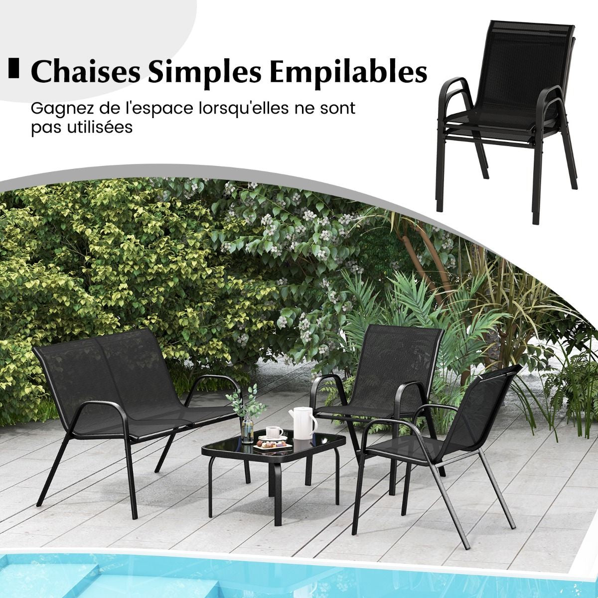 Ensemble Salon De Jardin 4 Pièces 2 Fauteuils 1 Canapé 1 Table Basse En Verre Pour Terrasse Piscine Patio Balcon Gris