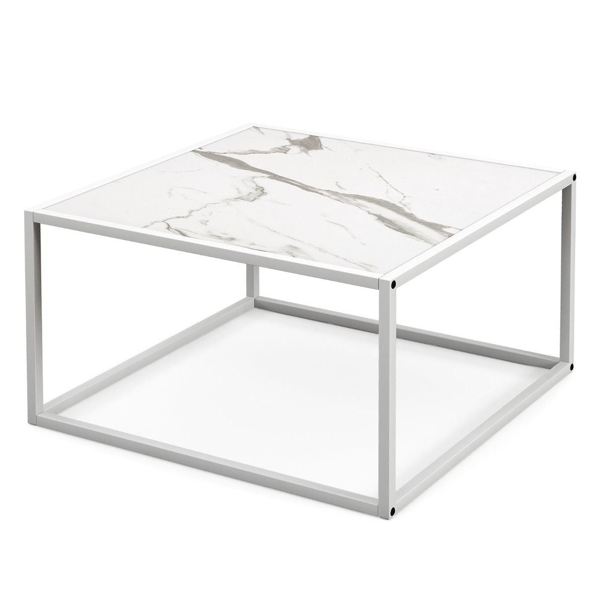 Table Basse Carrée Moderne Avec Dessus De Table En Faux Marbre Et Structure En Acier Blanc