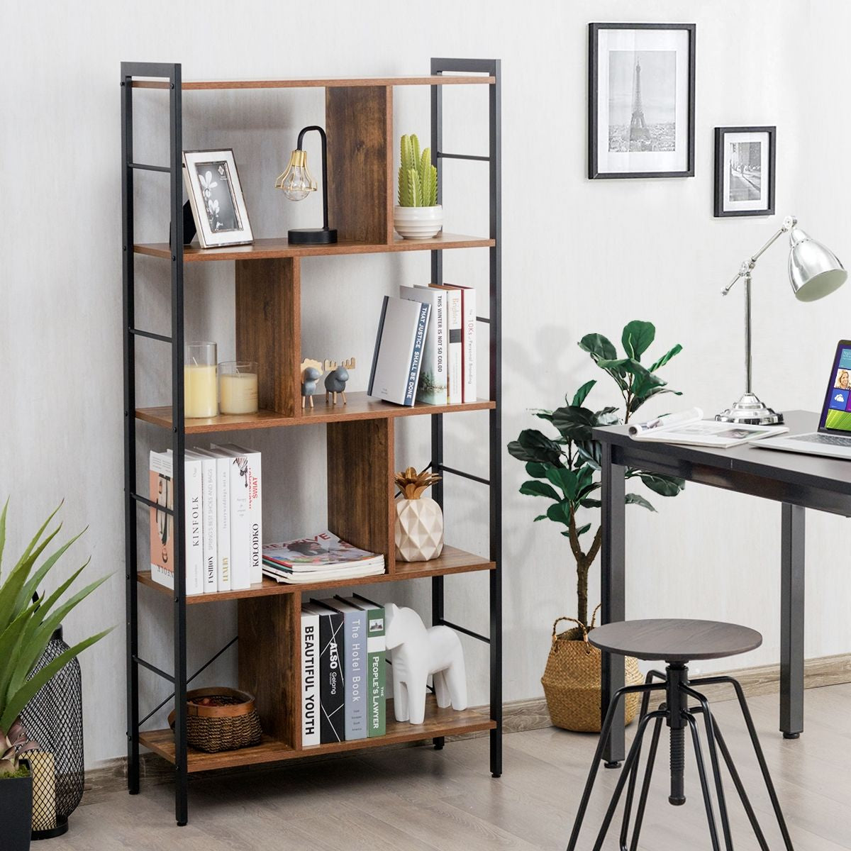Bibliothèque À 5 Niveaux Style Industriel Etagère De Rangement Moderne Capacité 100 Kg En Acier 74X30X155Cm Brun