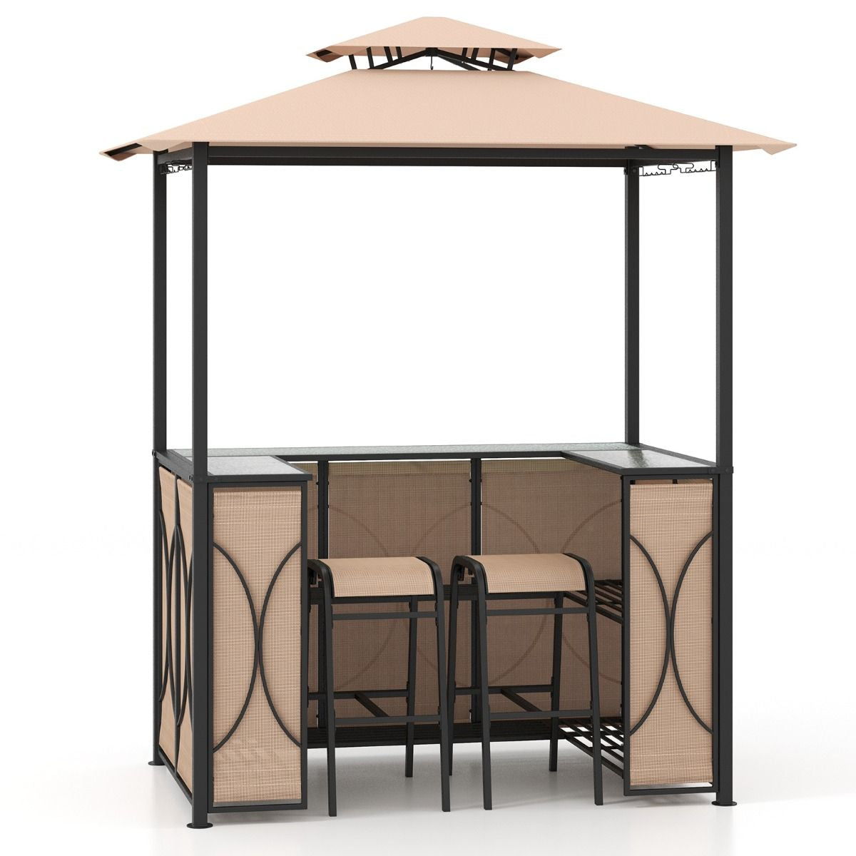 Tonnelle De Barbecue 3 Pcs Avec 2 Tabourets De Bar Abri Barbecue Avec Plateau En Verre Trempé Étagères En Métal 194X121X242Cm Gris/Marron