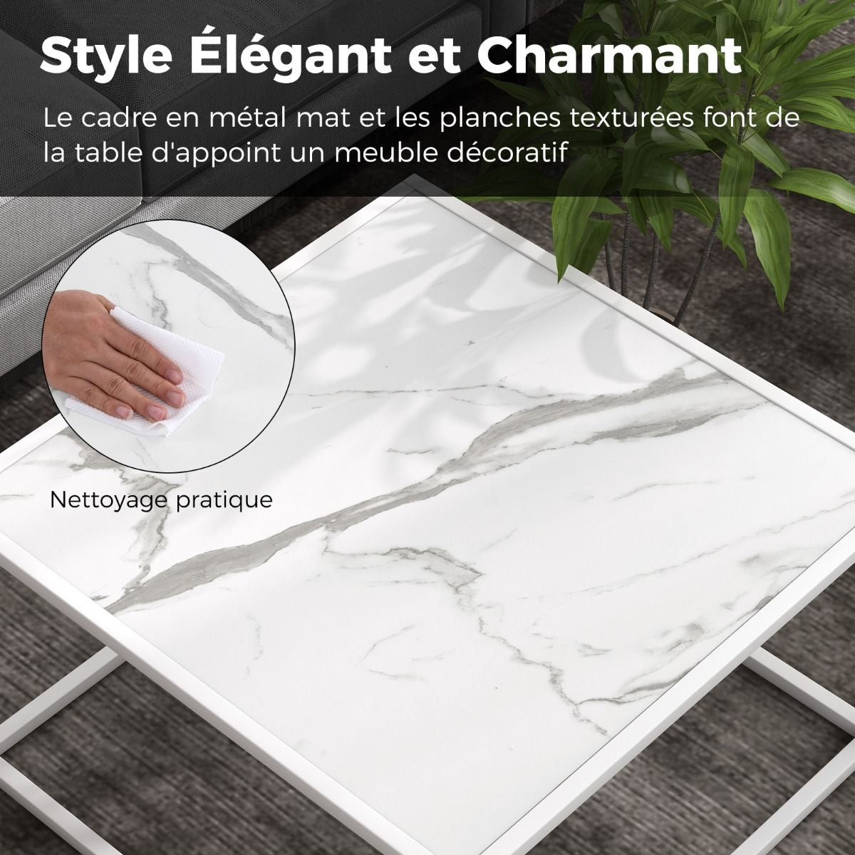 Table Basse Carrée Moderne Avec Dessus De Table En Faux Marbre Et Structure En Acier Blanc