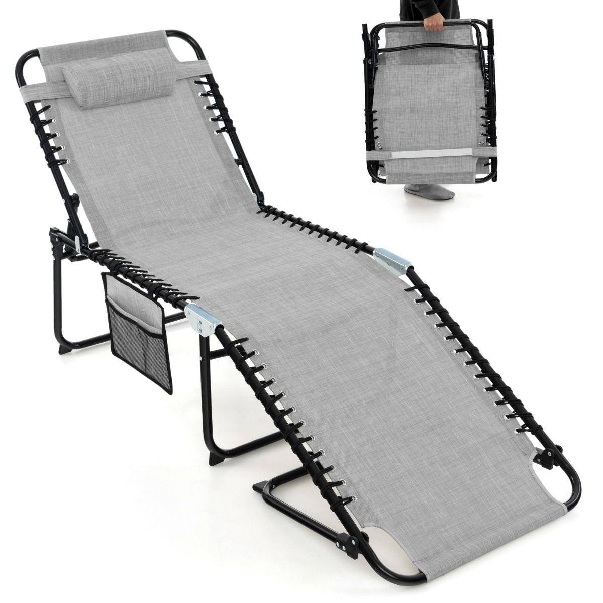 Chaise Longue Pliante Avec Appuie-Tête Amovible Dossier Réglable À 4 Positions Acier Antirouille Pour Camping Terrasse Noir/Bleu/Gris