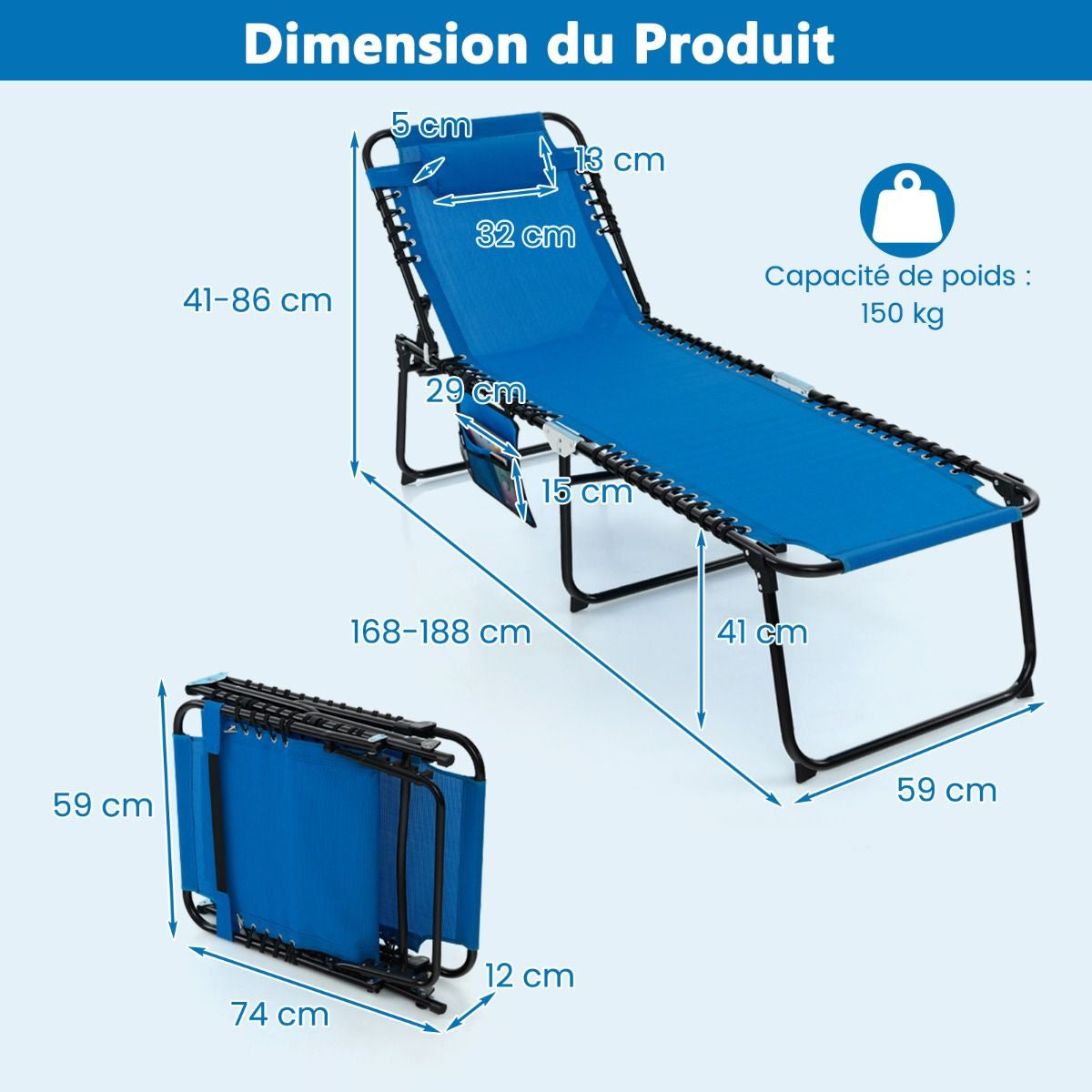 Chaise Longue Pliante Avec Appuie-Tête Amovible Dossier Réglable À 4 Positions Acier Antirouille Pour Camping Terrasse Noir/Bleu/Gris