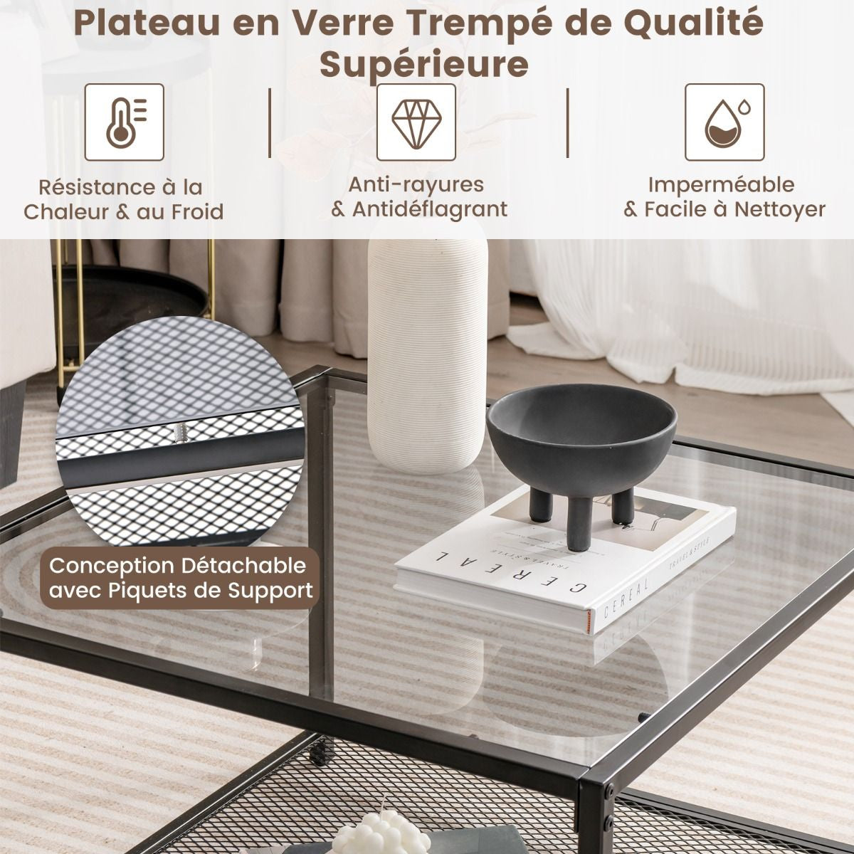 Table Basse Carrée En Verre Trempé 2 Niveaux Étagère En Maille Cadre En Métal Pieds Réglables Gris/Transparent