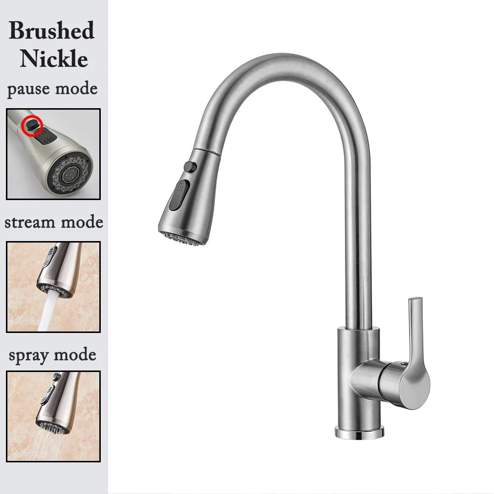 Robinet de cuisine noir Robinet de cuisine à tirer Mitigeur d’évier de cuisine Robinet brossé Nickle Stream Pulvérisateur Tête Chrome Robinet d’eau de cuisine