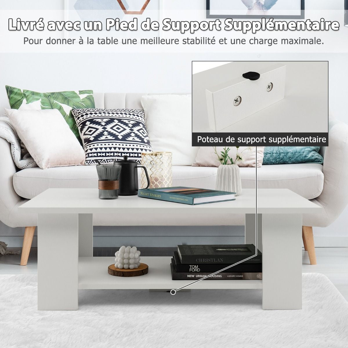 Table Basse En Bois À 2 Niveaux Avec Etagère Ouverte Style Moderne Pour Salon Chambre 90 X 52 X 32 Cm Blanc