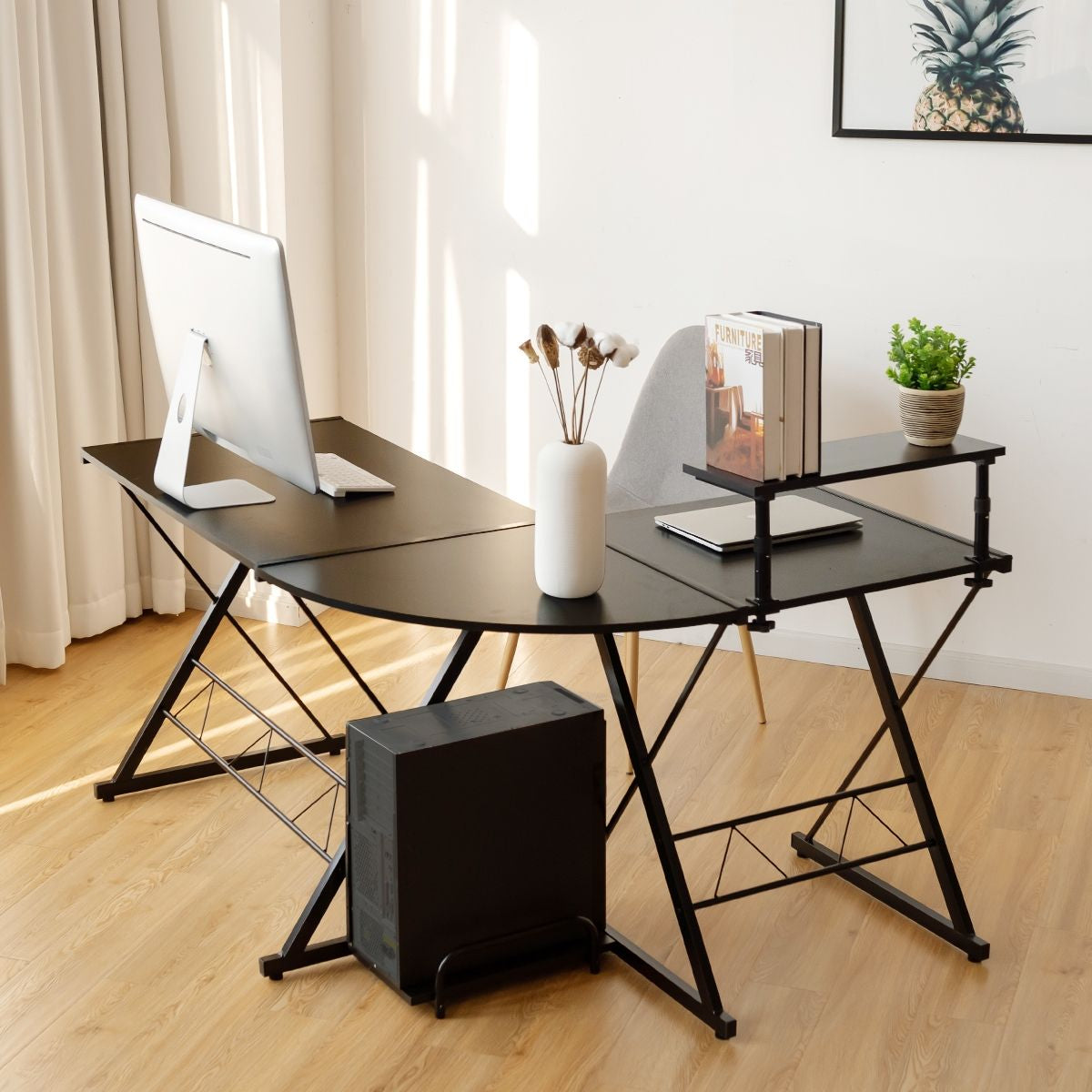 Bureau D'Angle En Forme L Détachable Avec Support Pour Moniteur 147X112X79Cm Noyer/Noir/Antique