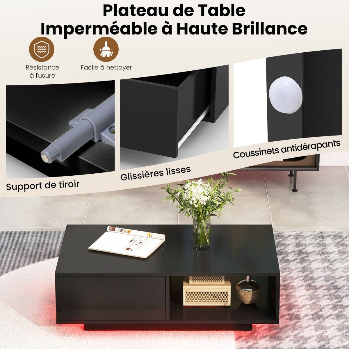 Table Basse Contemporain Avec Lumières LED 20 Couleurs 95X55X31 CM Table De Salon Avec Grand Tiroir Et Compartiment Blanc/Noir