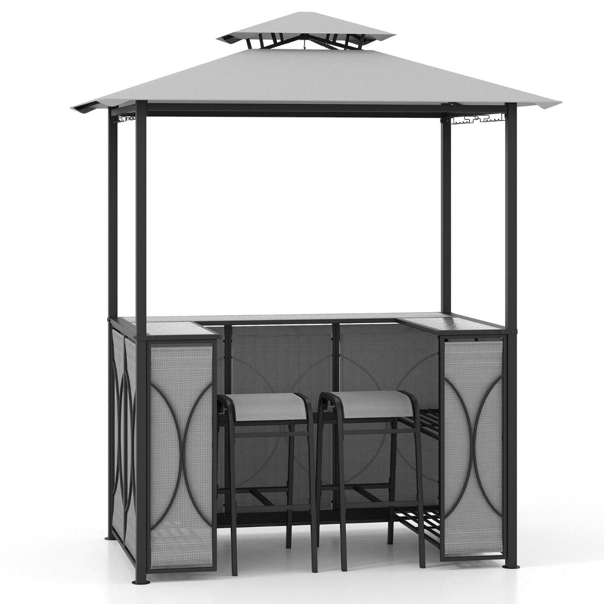 Tonnelle De Barbecue 3 Pcs Avec 2 Tabourets De Bar Abri Barbecue Avec Plateau En Verre Trempé Étagères En Métal 194X121X242Cm Gris/Marron