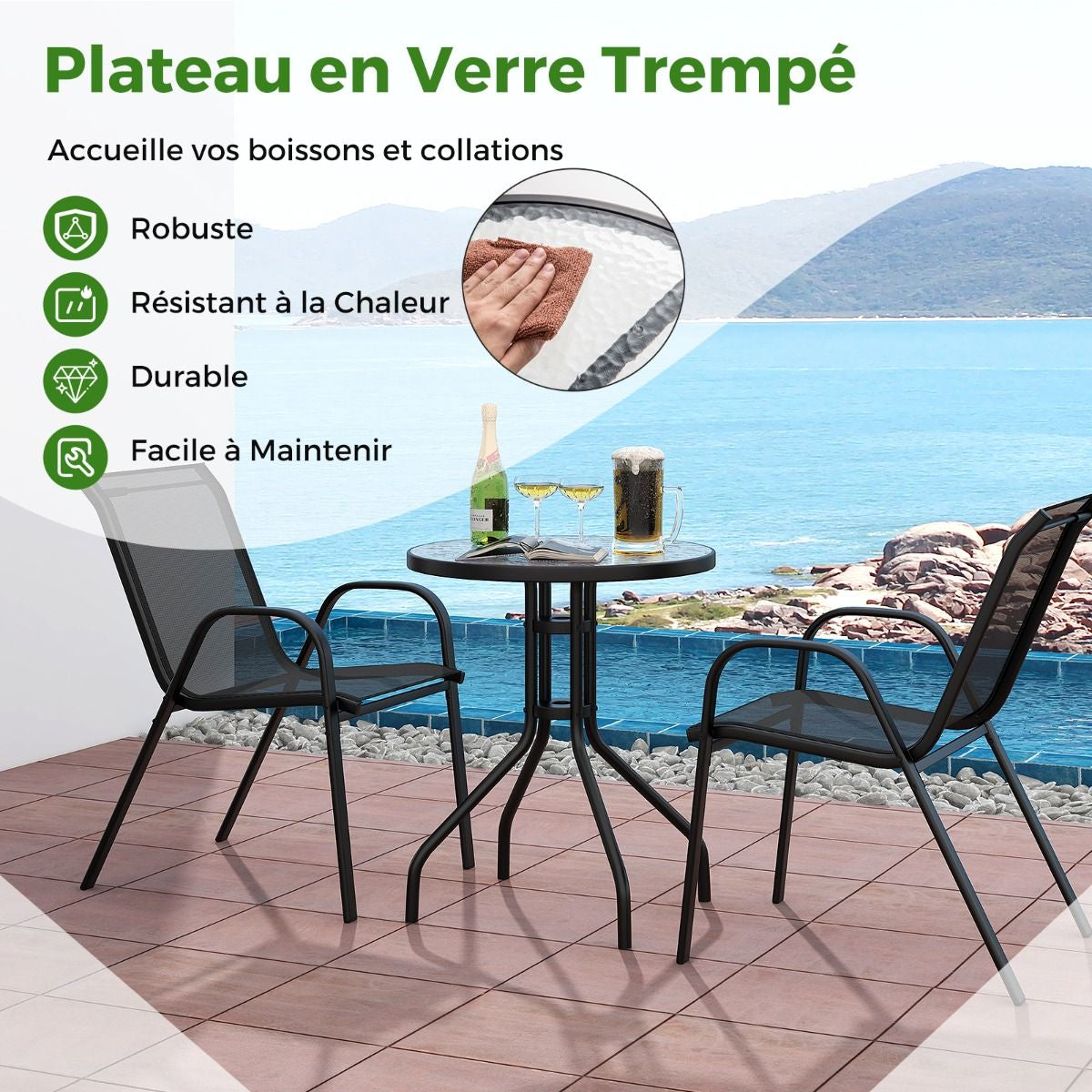Ensemble De Jardin 3 Pièces 2 Fauteuils Ergonomiques Avec Table Basse En Verre Trempé Pour Jardin Balcon Terrasse Cour