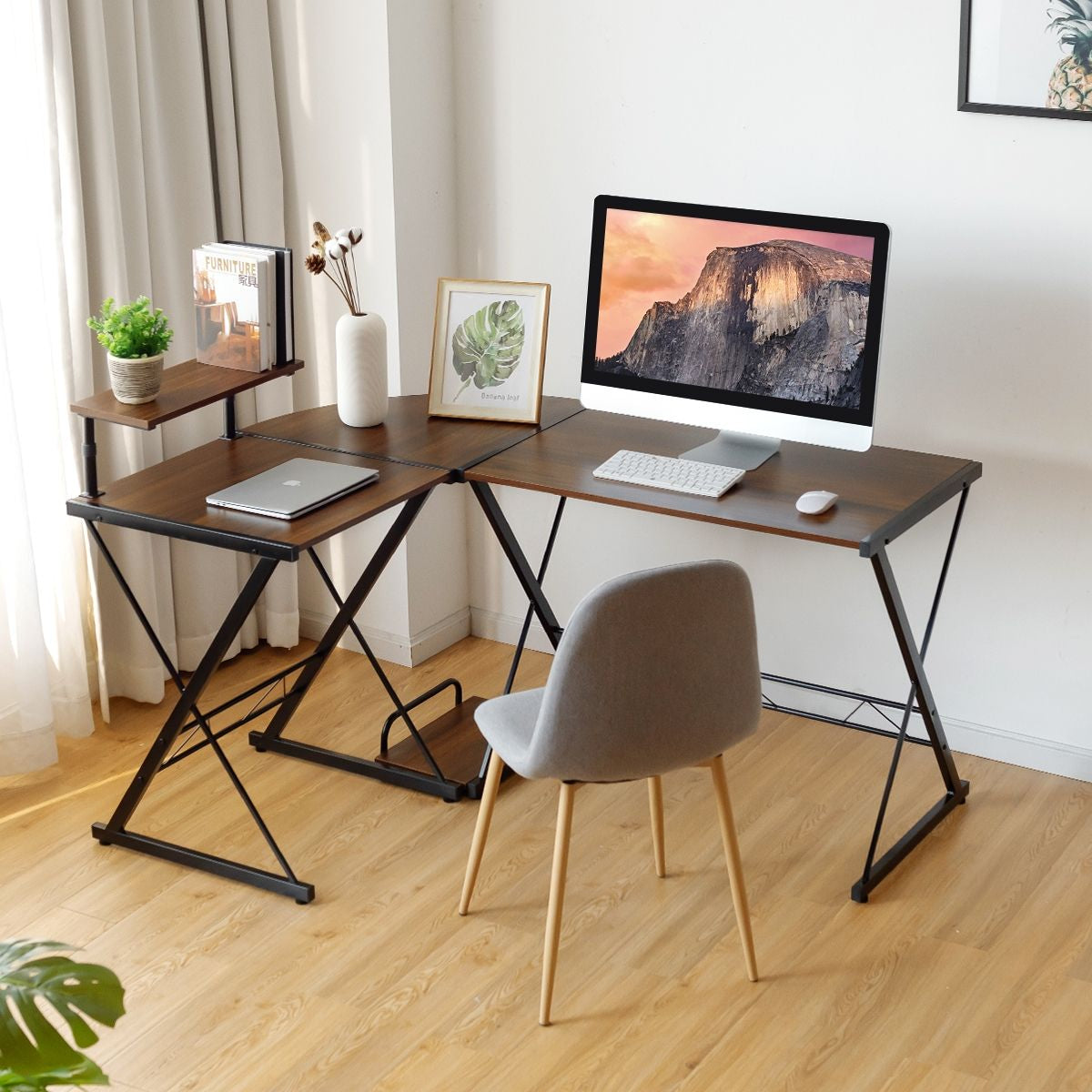Bureau D'Angle En Forme L Détachable Avec Support Pour Moniteur 147X112X79Cm Noyer/Noir/Antique
