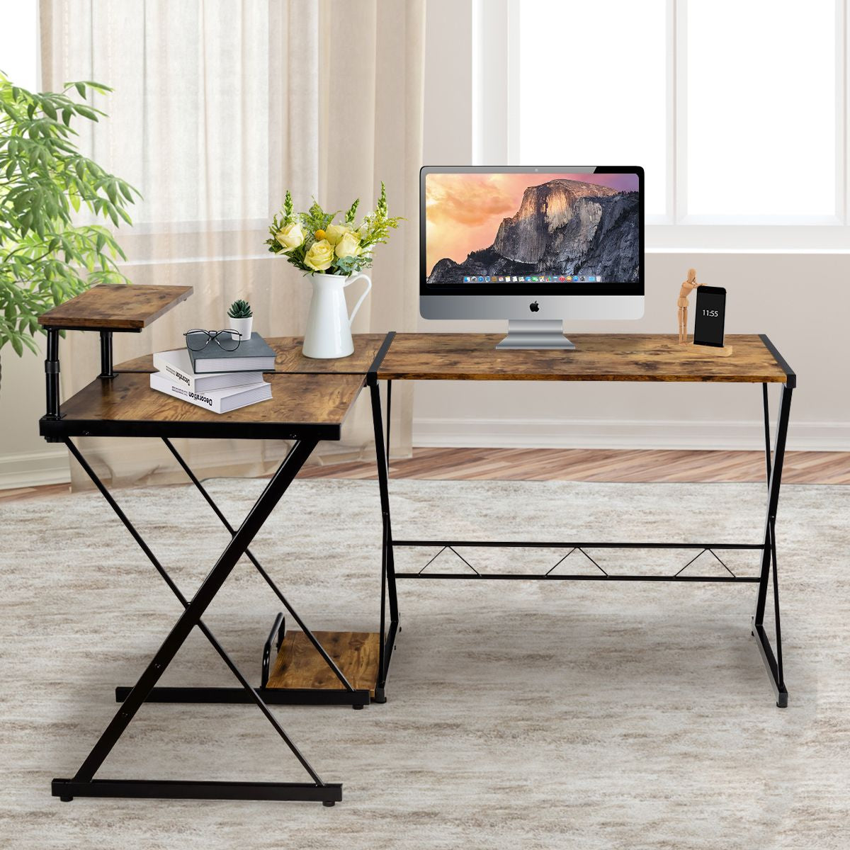 Bureau D'Angle En Forme L Détachable Avec Support Pour Moniteur 147X112X79Cm Noyer/Noir/Antique