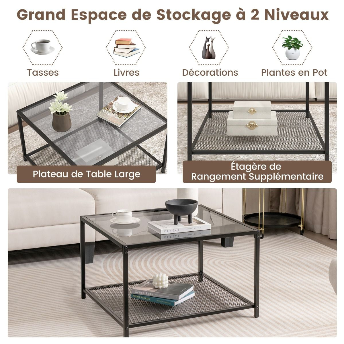Table Basse Carrée En Verre Trempé 2 Niveaux Étagère En Maille Cadre En Métal Pieds Réglables Gris/Transparent