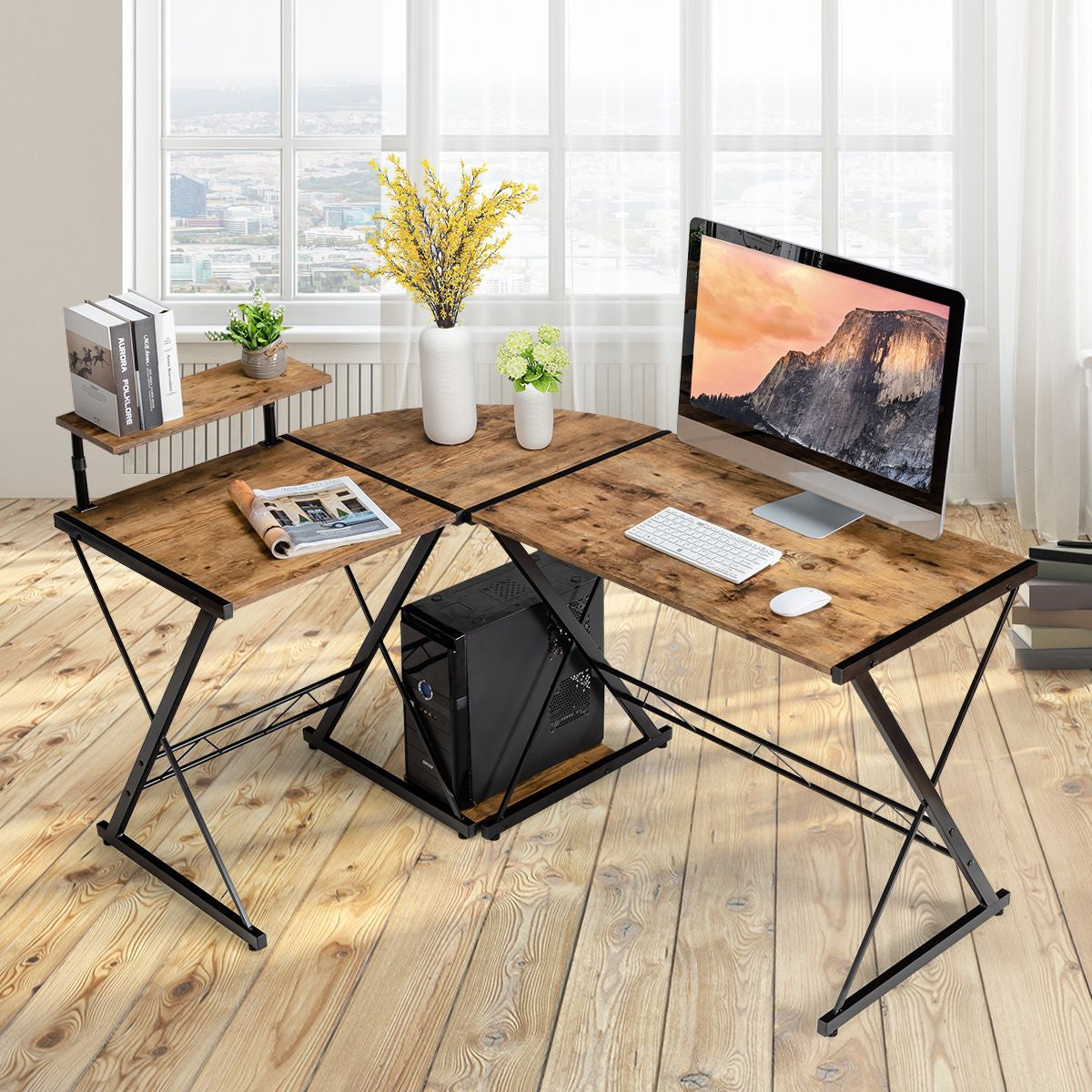 Bureau D'Angle En Forme L Détachable Avec Support Pour Moniteur 147X112X79Cm Noyer/Noir/Antique
