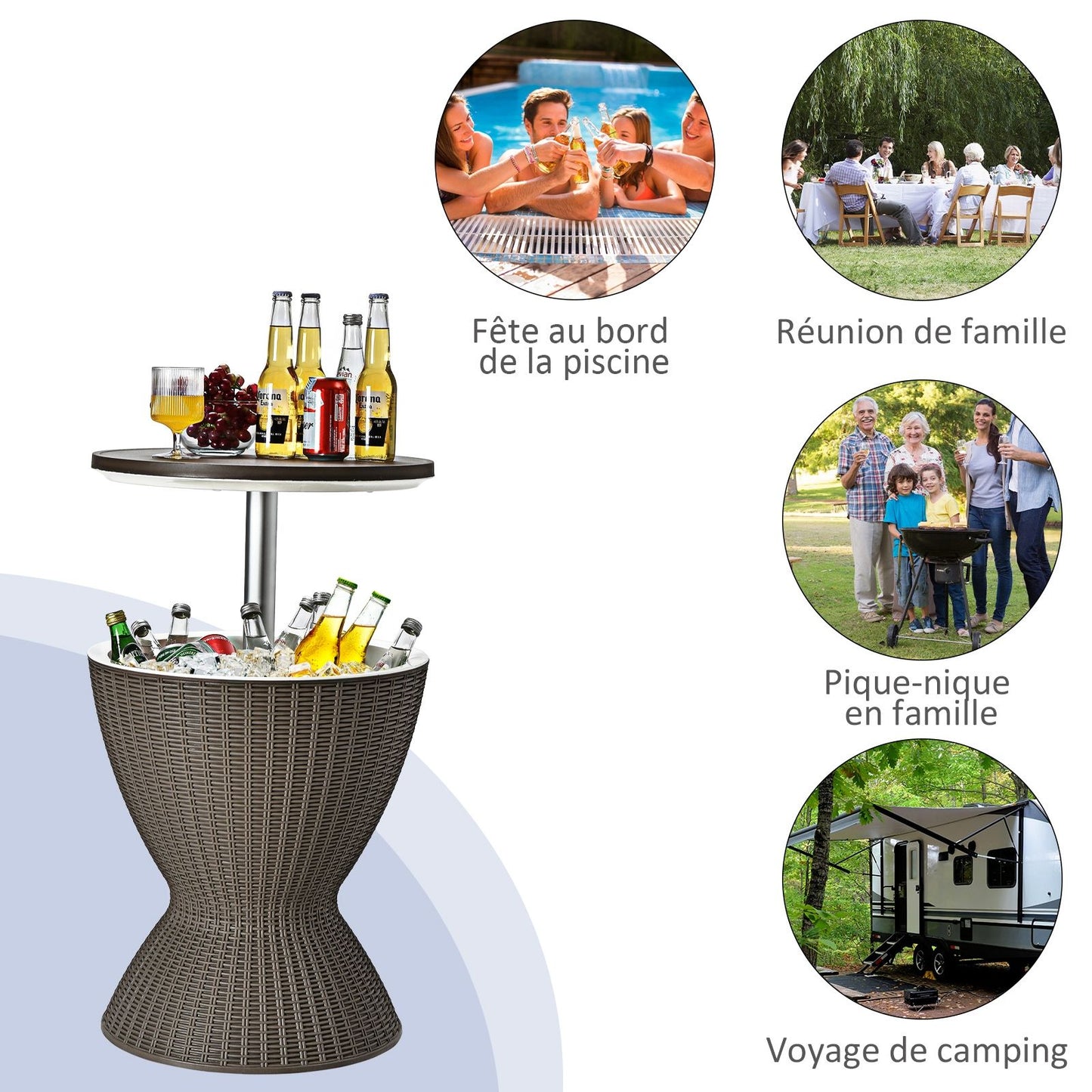 Seau À Glace 2 En 1 Table Basse 30L Avec Plateau Relevable Ø 43 X 57,5-82H Cm Imitation Rotin Marron/Noir