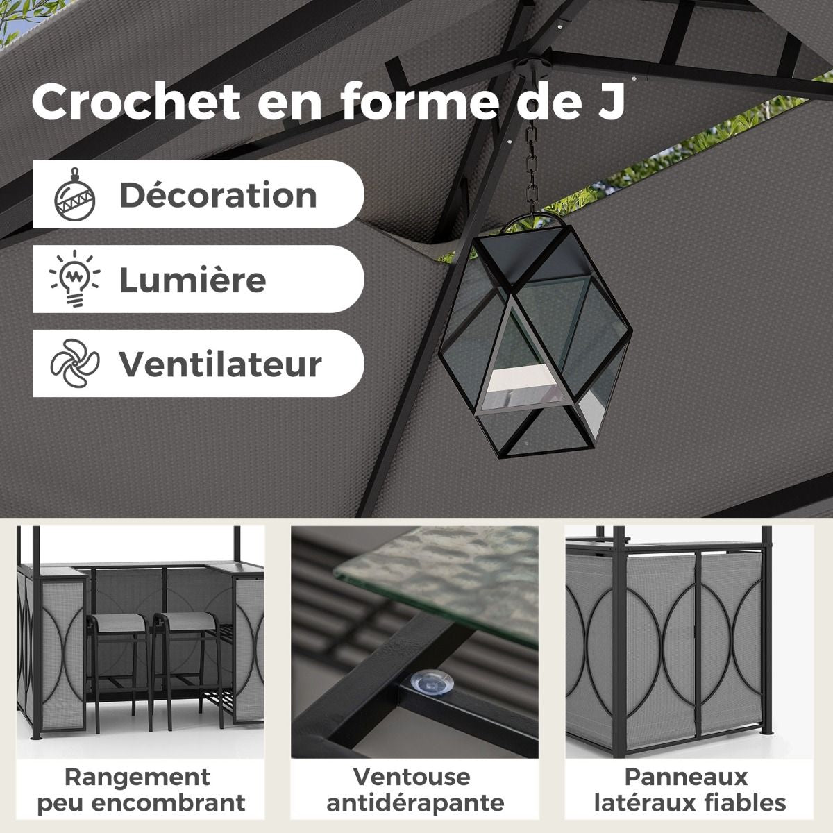 Tonnelle De Barbecue 3 Pcs Avec 2 Tabourets De Bar Abri Barbecue Avec Plateau En Verre Trempé Étagères En Métal 194X121X242Cm Gris/Marron
