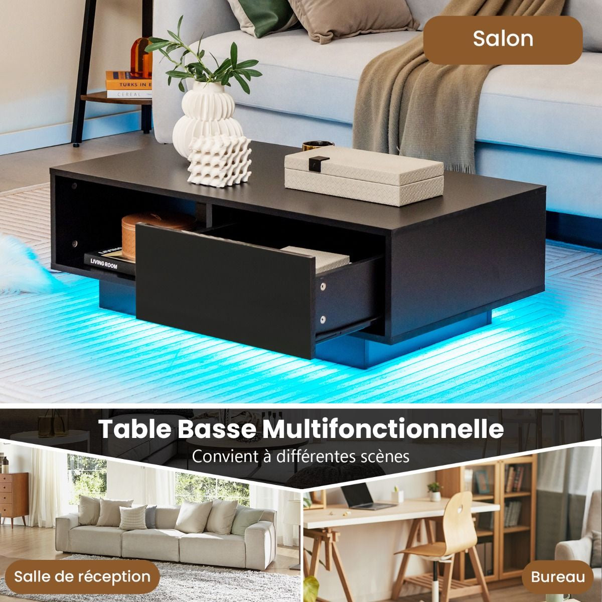 Table Basse Contemporain Avec Lumières LED 20 Couleurs 95X55X31 CM Table De Salon Avec Grand Tiroir Et Compartiment Blanc/Noir