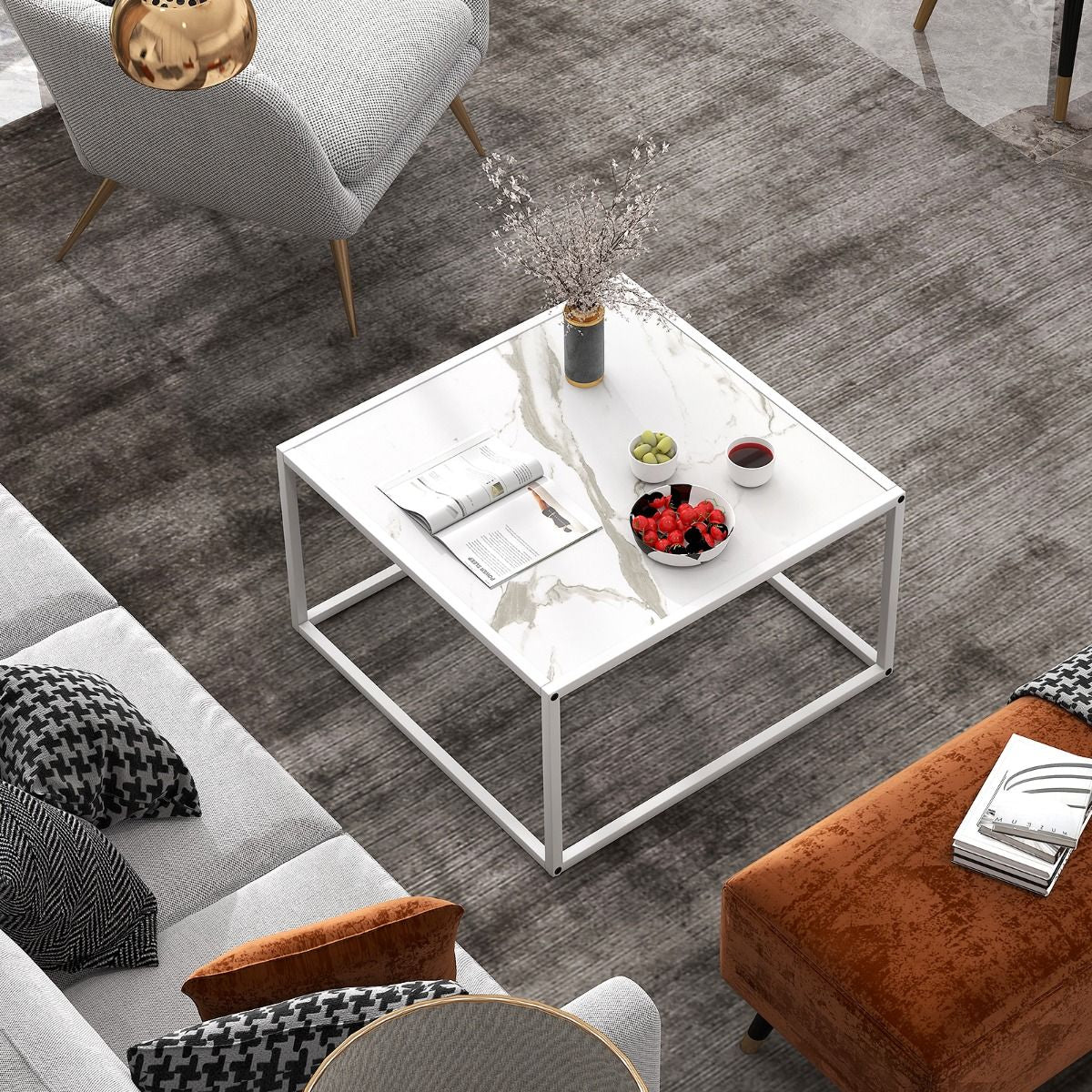 Table Basse Carrée Moderne Avec Dessus De Table En Faux Marbre Et Structure En Acier Blanc