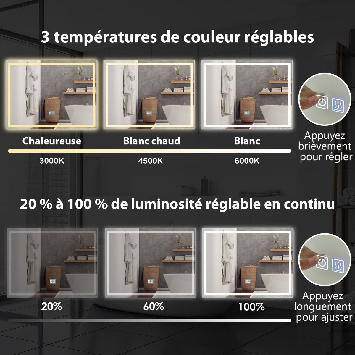 Miroir De Salle De Bain LED 80 X 60 Cm Avec 3 Eclairages Interrupteur Tactile Et Fonction Anti-Buée