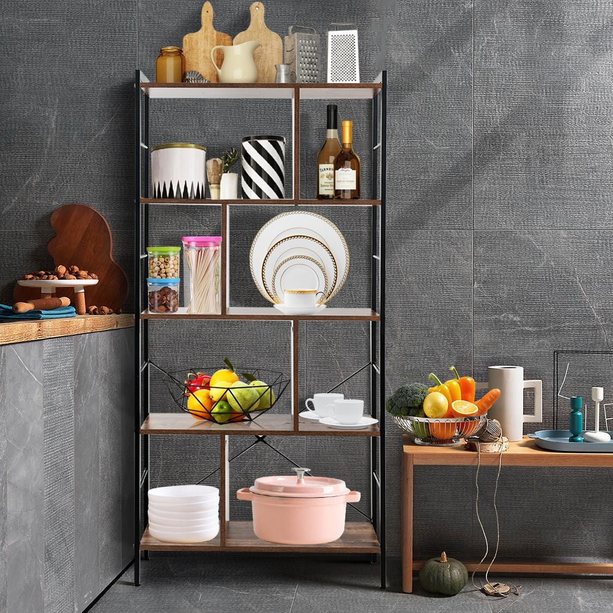 Bibliothèque À 5 Niveaux Style Industriel Etagère De Rangement Moderne Capacité 100 Kg En Acier 74X30X155Cm Brun