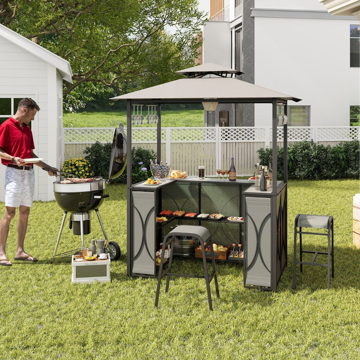 Tonnelle De Barbecue 3 Pcs Avec 2 Tabourets De Bar Abri Barbecue Avec Plateau En Verre Trempé Étagères En Métal 194X121X242Cm Gris/Marron