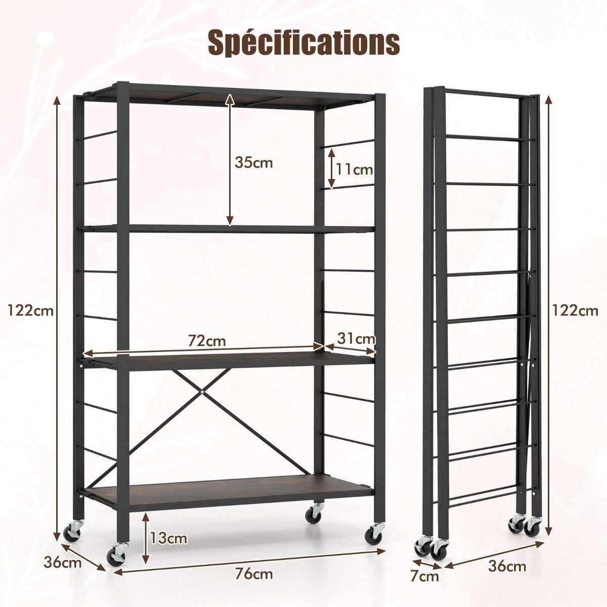 Étagère De Rangement Pliable À 4 Niveaux Étagère Réglable Avec Roues Verrouillables Unité De Rangement Domestique Organisateur De Rangement Noir