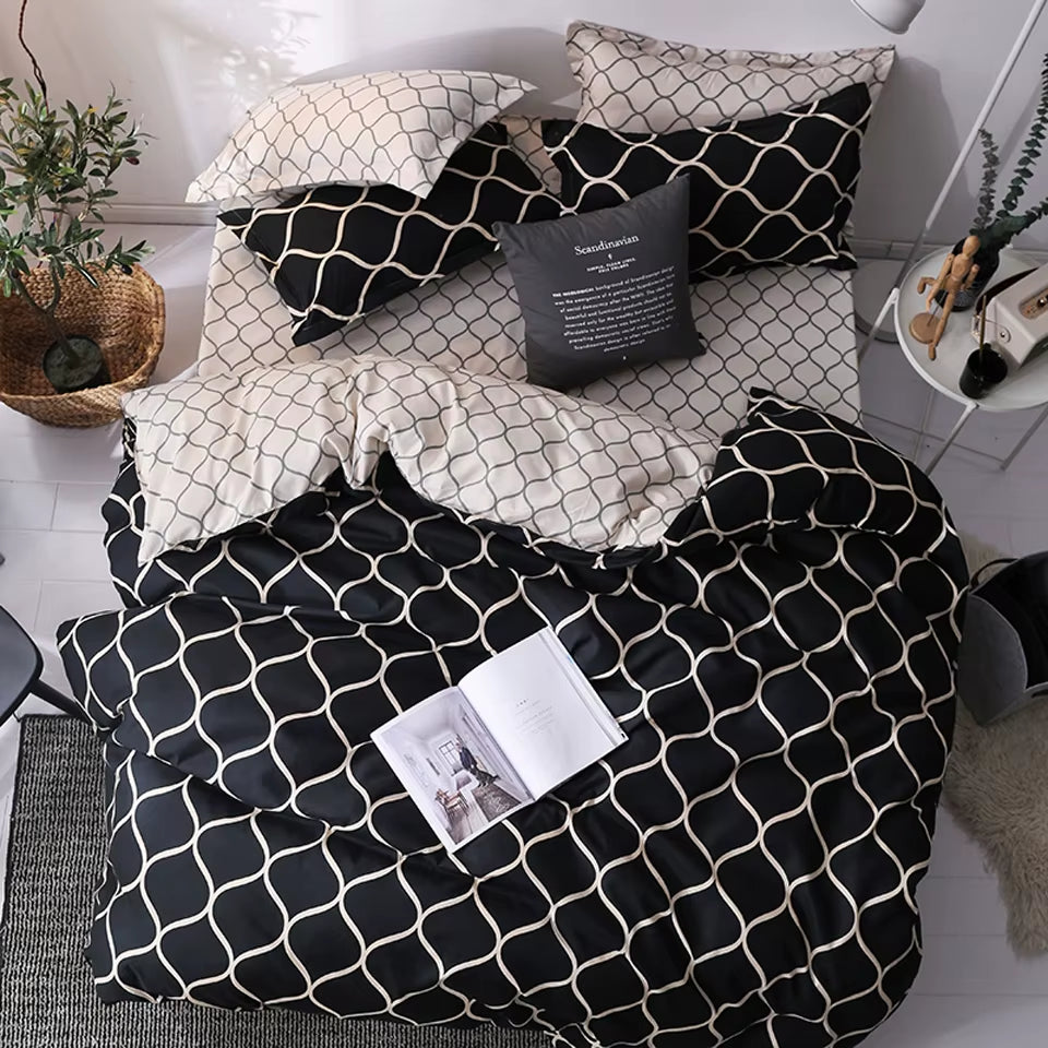 Ensemble de literie de luxe noir, lit Queen King simple, grande taille, en polyester, housse de couette, ensemble plaid moderne oiseau avec taie d’oreiller
