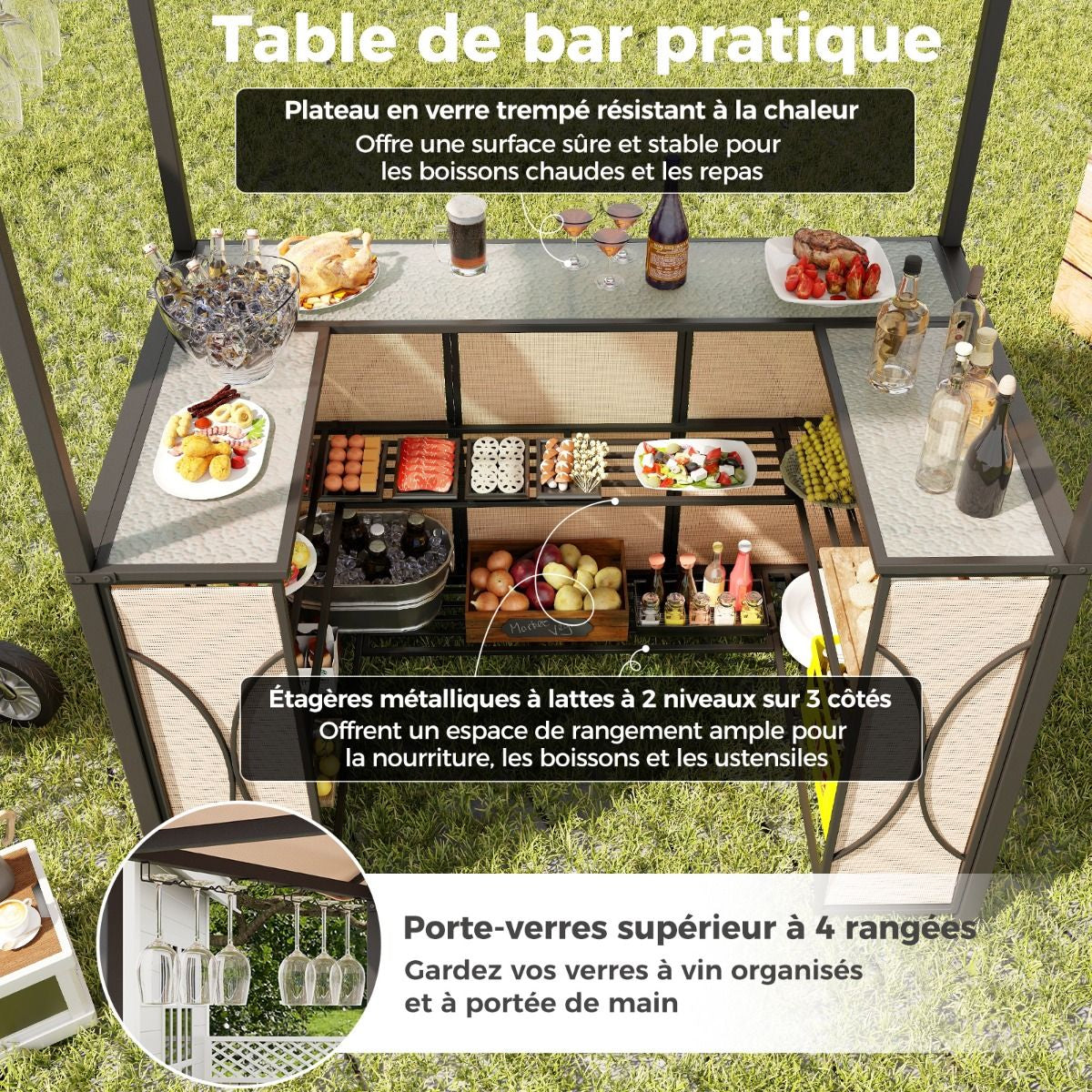 Tonnelle De Barbecue 3 Pcs Avec 2 Tabourets De Bar Abri Barbecue Avec Plateau En Verre Trempé Étagères En Métal 194X121X242Cm Gris/Marron
