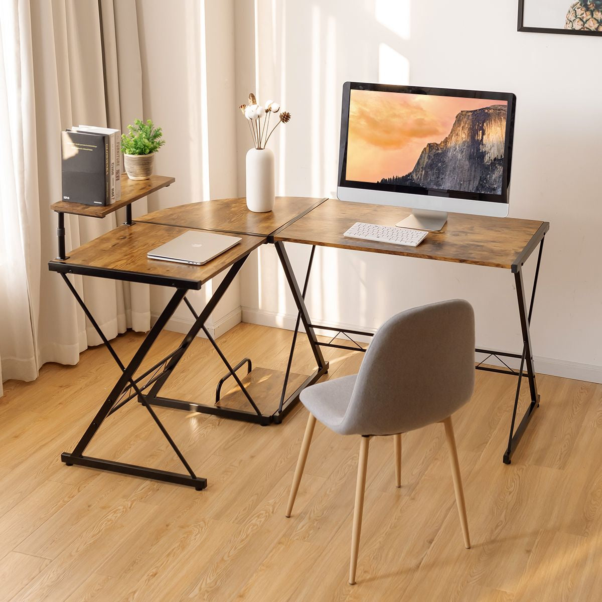 Bureau D'Angle En Forme L Détachable Avec Support Pour Moniteur 147X112X79Cm Noyer/Noir/Antique