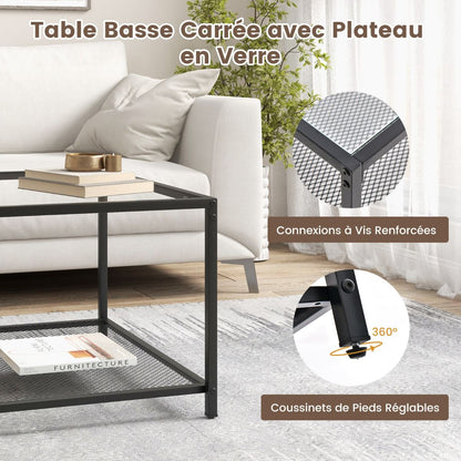 Table Basse Carrée En Verre Trempé 2 Niveaux Étagère En Maille Cadre En Métal Pieds Réglables Gris/Transparent