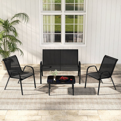 Ensemble Salon De Jardin 4 Pièces 2 Fauteuils 1 Canapé 1 Table Basse En Verre Pour Terrasse Piscine Patio Balcon Gris