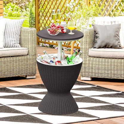 Seau À Glace 2 En 1 Table Basse 30L Avec Plateau Relevable Ø 43 X 57,5-82H Cm Imitation Rotin Marron/Noir