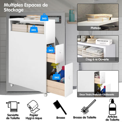 Placard De Salle De Bain Étroit Meuble De Rangement En Bois Avec Tiroirs Coulissants Profonds Paniers En Osier Et Porte-Brosse Blanc/Noir