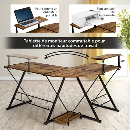 Bureau D'Angle En Forme L Détachable Avec Support Pour Moniteur 147X112X79Cm Noyer/Noir/Antique
