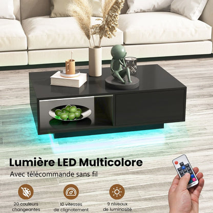 Table Basse Contemporain Avec Lumières LED 20 Couleurs 95X55X31 CM Table De Salon Avec Grand Tiroir Et Compartiment Blanc/Noir