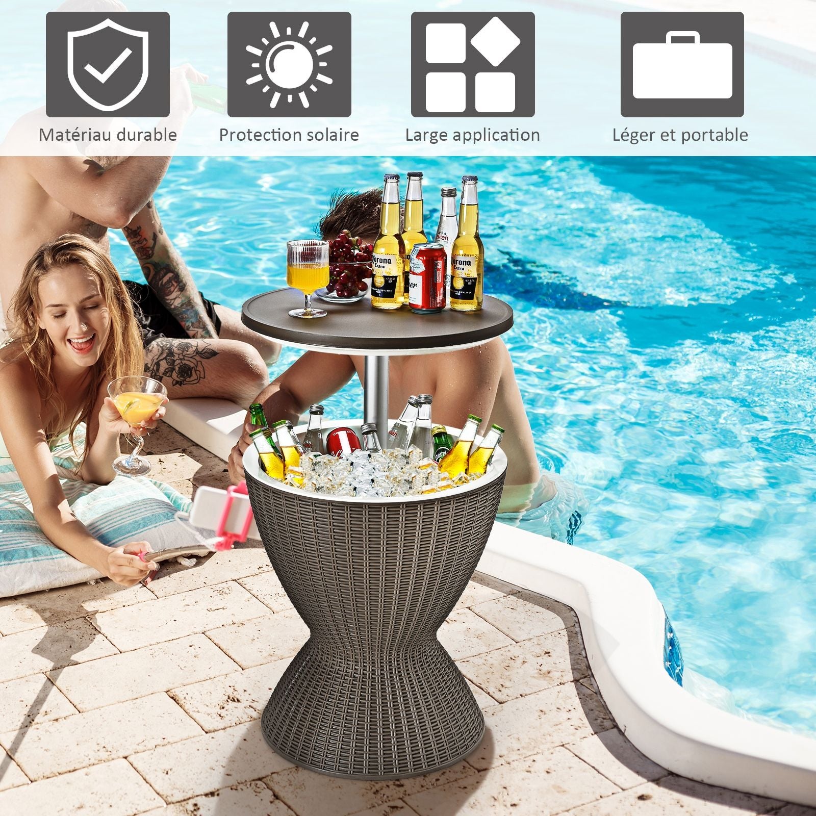 Seau À Glace 2 En 1 Table Basse 30L Avec Plateau Relevable Ø 43 X 57,5-82H Cm Imitation Rotin Marron/Noir