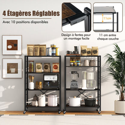 Étagère De Rangement Pliable À 4 Niveaux Étagère Réglable Avec Roues Verrouillables Unité De Rangement Domestique Organisateur De Rangement Noir