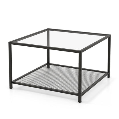 Table Basse Carrée En Verre Trempé 2 Niveaux Étagère En Maille Cadre En Métal Pieds Réglables Gris/Transparent