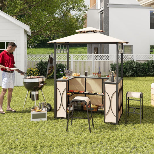 Tonnelle De Barbecue 3 Pcs Avec 2 Tabourets De Bar Abri Barbecue Avec Plateau En Verre Trempé Étagères En Métal 194X121X242Cm Gris/Marron