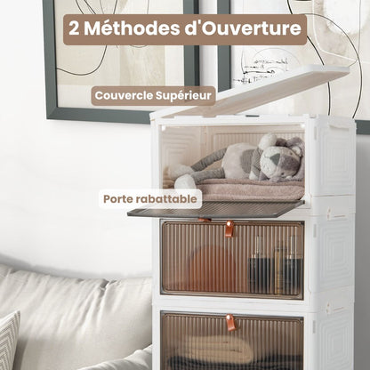 Boîte De Rangement De Chaussures Pliable 6 Niveaux Portes Transparentes Magnétiques Roues Universelles Verrouillables Pour Baskets Jouets Blanc