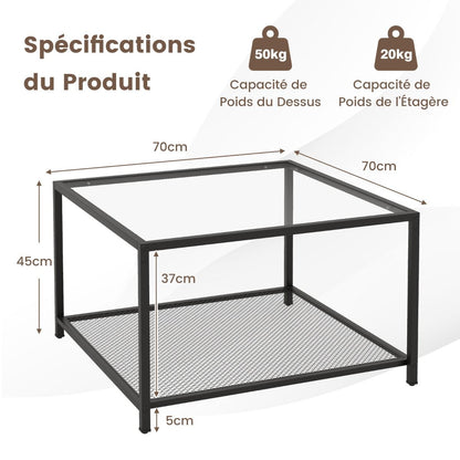 Table Basse Carrée En Verre Trempé 2 Niveaux Étagère En Maille Cadre En Métal Pieds Réglables Gris/Transparent