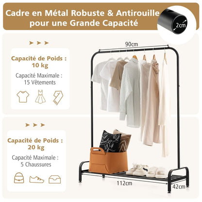 Portant À Vêtement Avec Étagère De Chaussures Penderie Vêtement Hauteur 145CM Tube En Fer 4 Pieds Réglables Noir