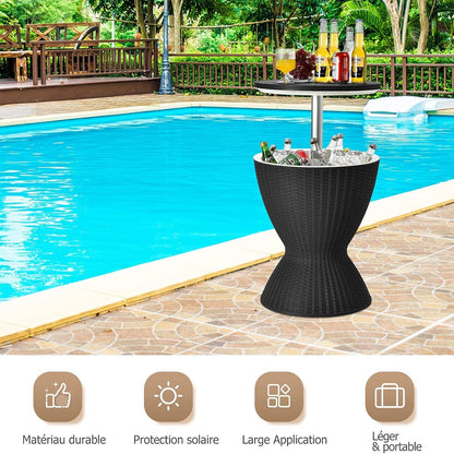 Seau À Glace 2 En 1 Table Basse 30L Avec Plateau Relevable Ø 43 X 57,5-82H Cm Imitation Rotin Marron/Noir