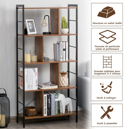Bibliothèque À 5 Niveaux Style Industriel Etagère De Rangement Moderne Capacité 100 Kg En Acier 74X30X155Cm Brun