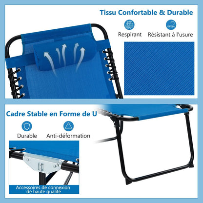 Chaise Longue Pliante Avec Appuie-Tête Amovible Dossier Réglable À 4 Positions Acier Antirouille Pour Camping Terrasse Noir/Bleu/Gris