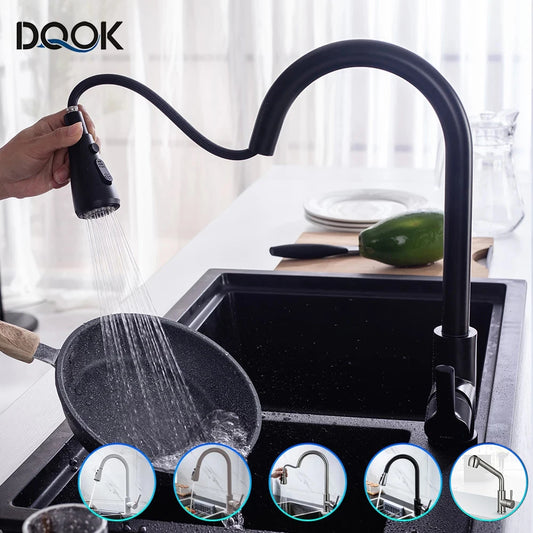Robinet de cuisine noir Robinet de cuisine à tirer Mitigeur d’évier de cuisine Robinet brossé Nickle Stream Pulvérisateur Tête Chrome Robinet d’eau de cuisine